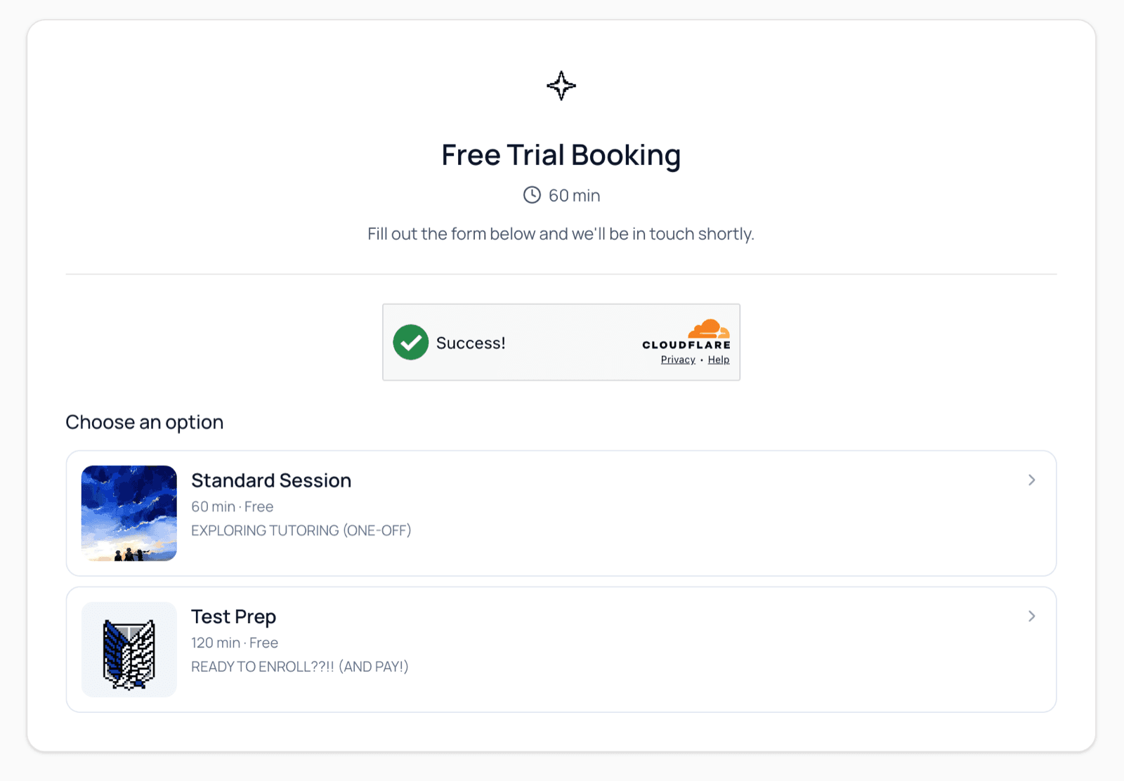 The public booking page where a family chooses a session