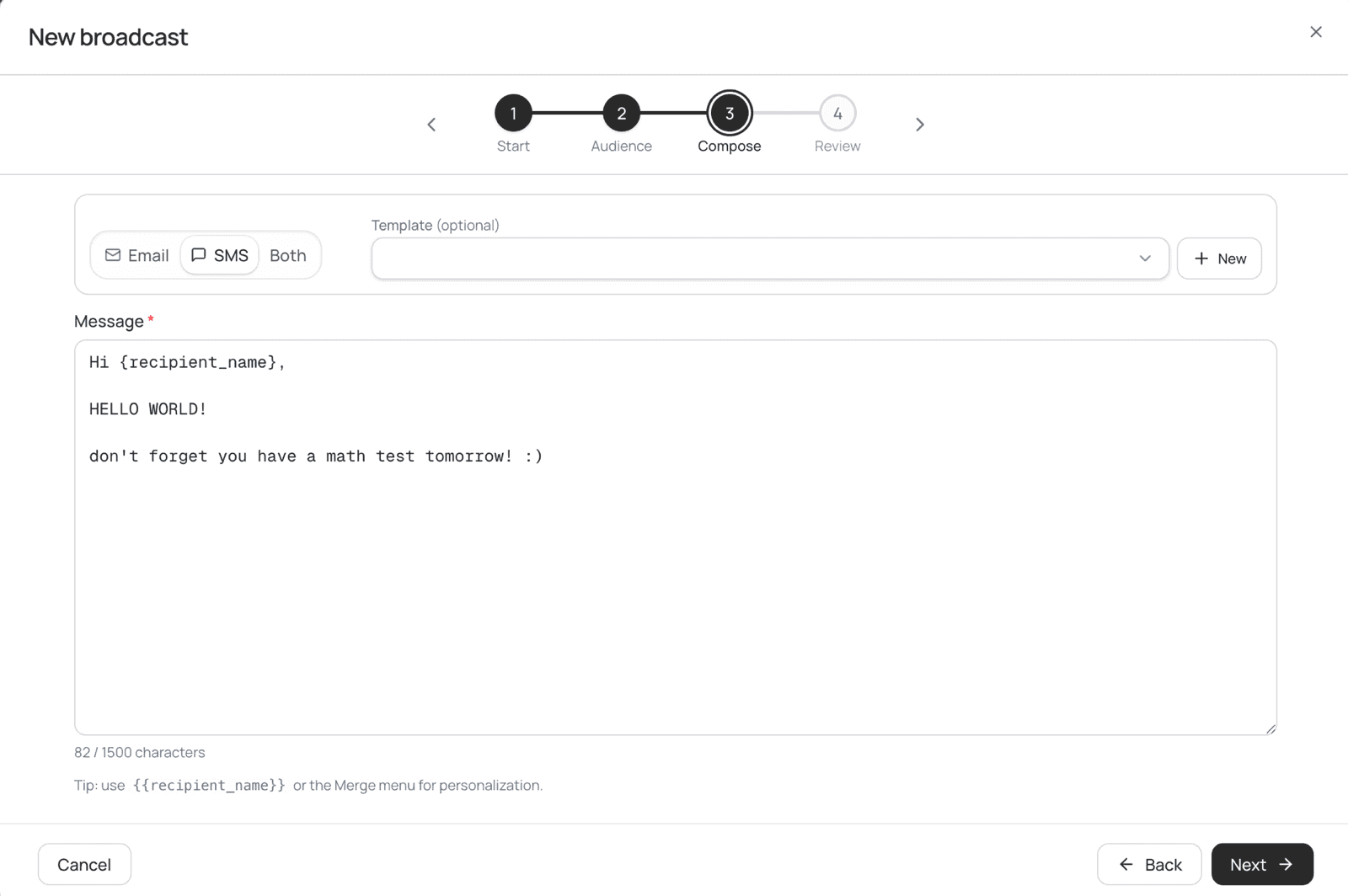 The broadcast composer with email, SMS, and push options