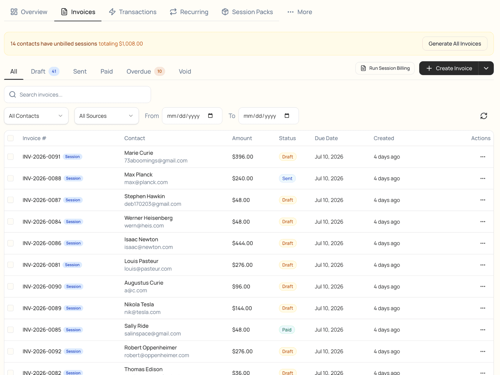 LogPose invoices list — generate and bill every unbilled session at once