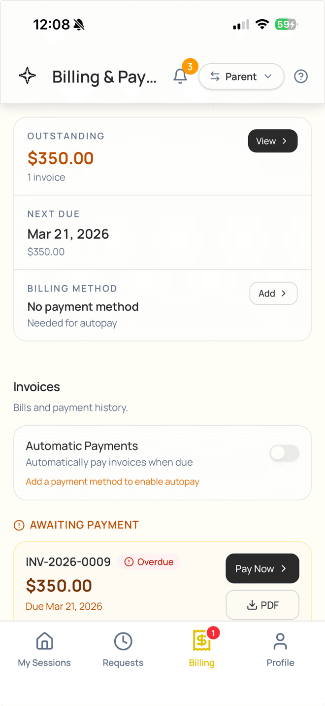 Parent paying an invoice from the LogPose app