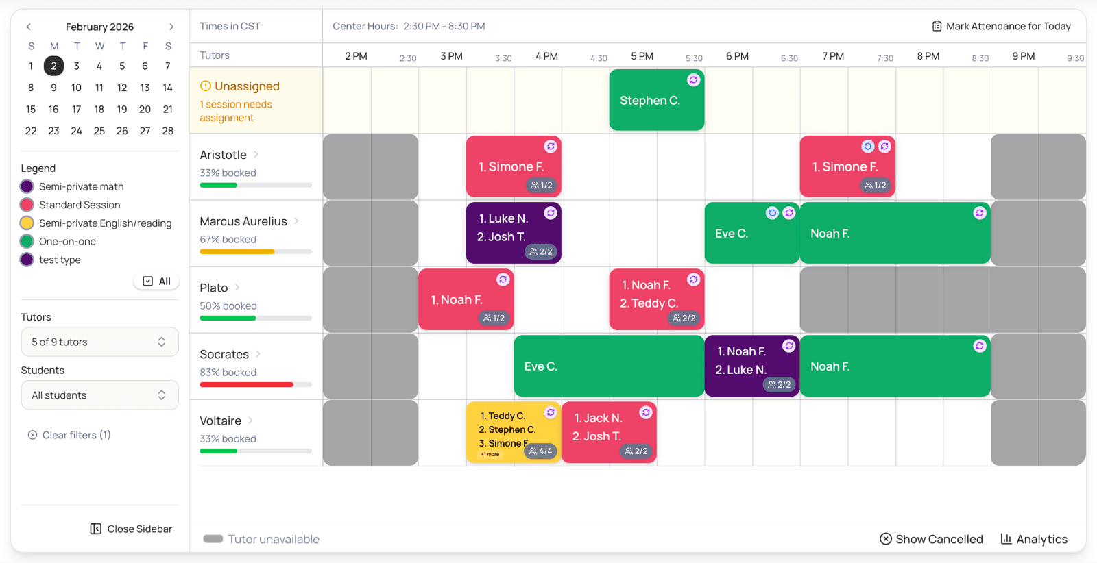LogPose admin scheduling view with recurring student schedules