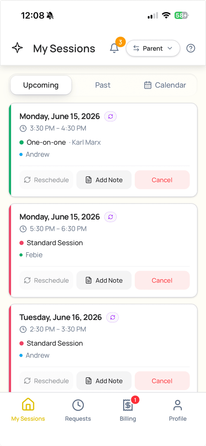 Parent app showing upcoming sessions with one-tap reschedule and cancel
